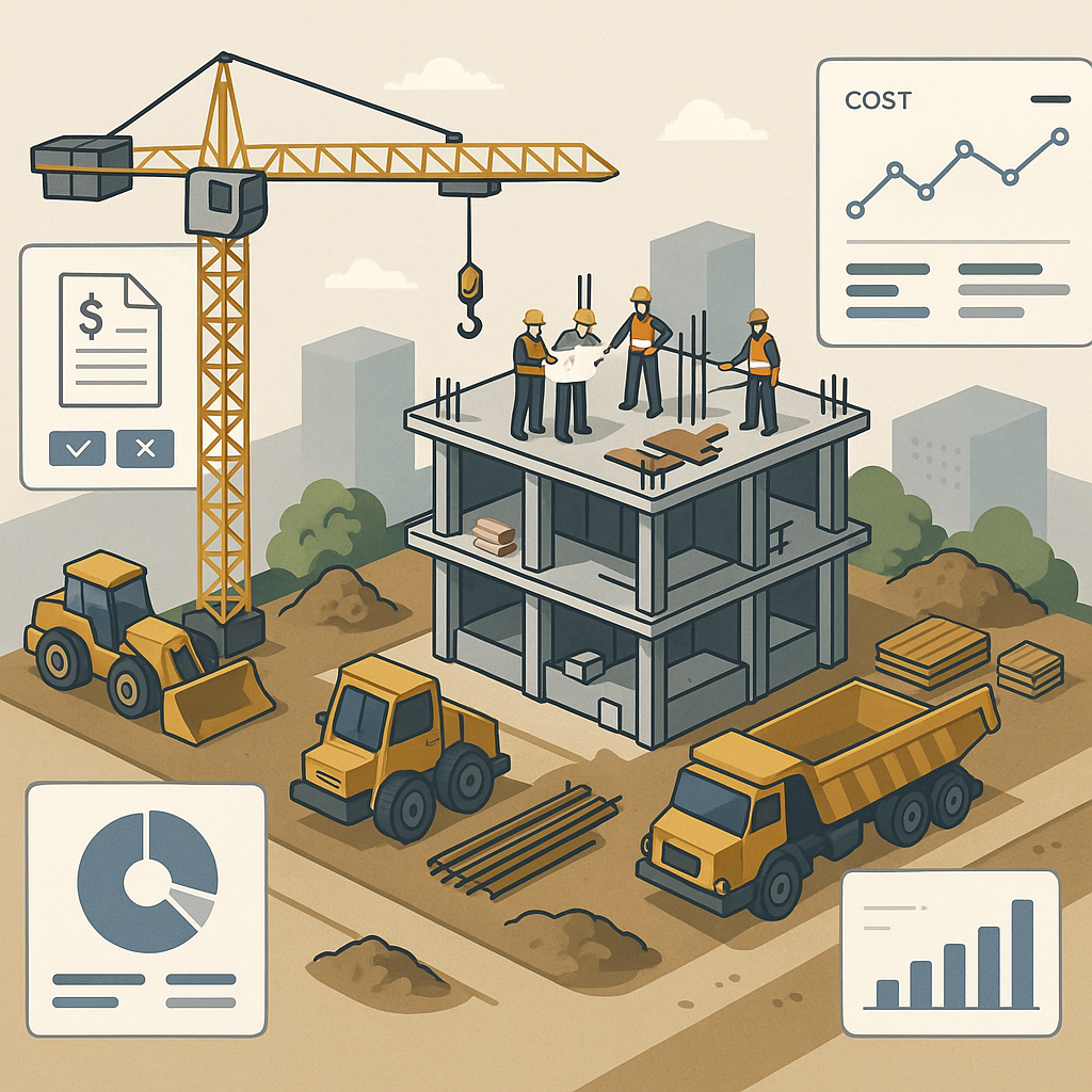 A detailed illustration of a construction project site with digital workflows visualized, such as billing approvals and...