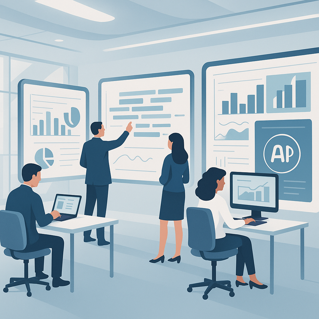 A futuristic office setup with employees using digital dashboards and AI-powered tools, showcasing integration and scala...