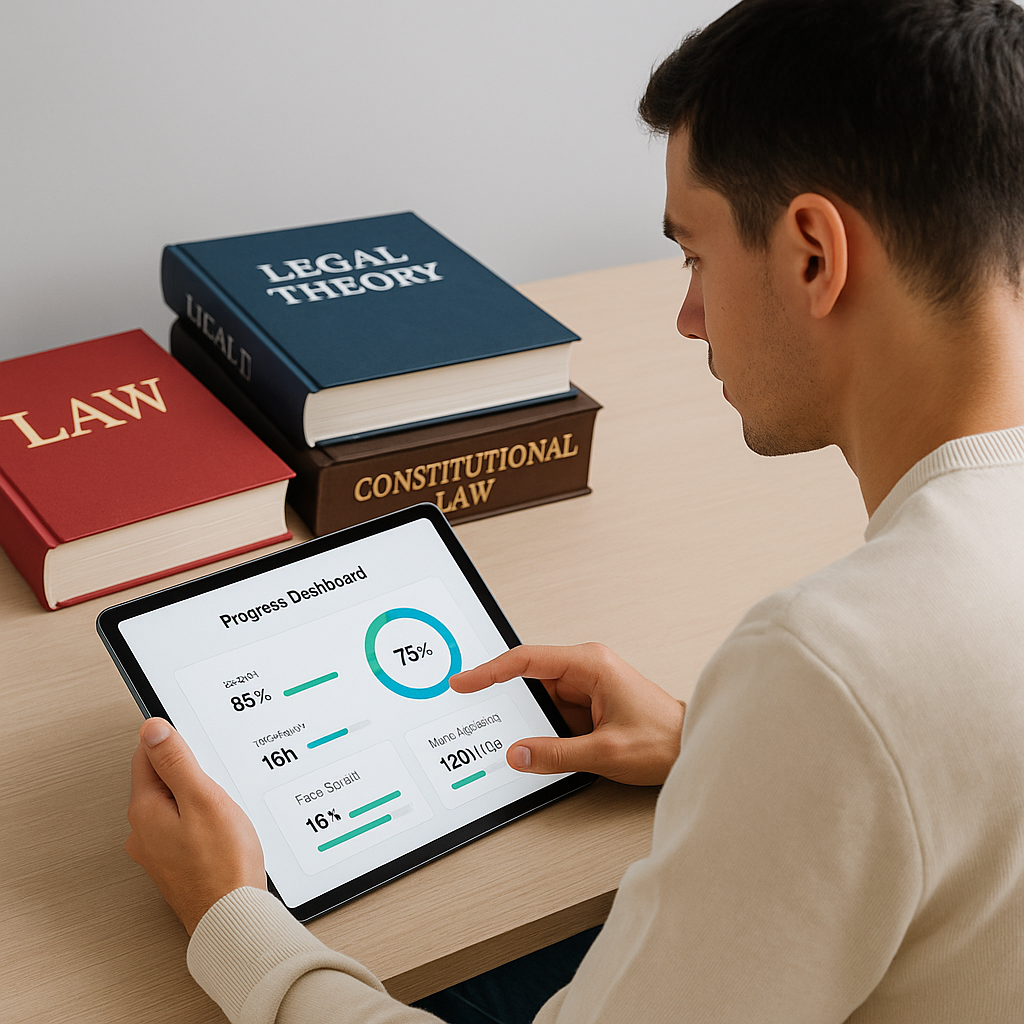 A focused student using a tablet for legal exam preparation, with a progress dashboard visible on the screen, surrounded...