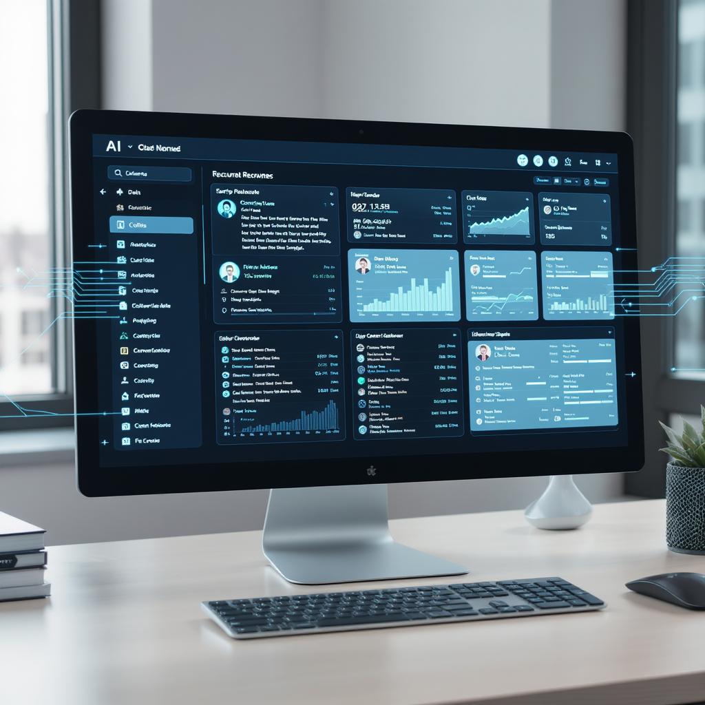 A futuristic AI-powered recruitment dashboard on a minimalist office desk, analyzing resumes with a clean, modern interf...