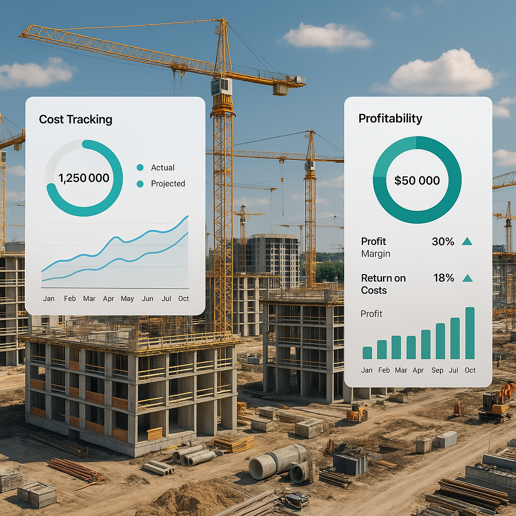 A construction site with multiple projects in progress, overlaid with digital dashboards displaying real-time cost track...