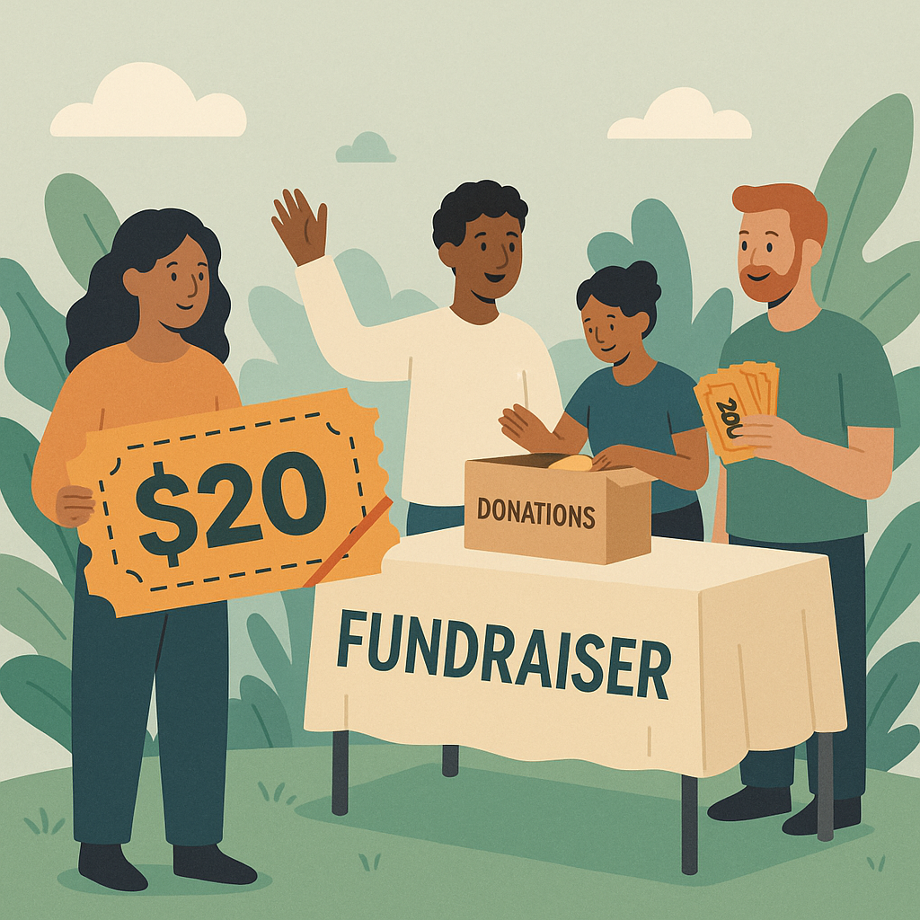 Illustration of a small community group hosting a fundraiser, with tickets labeled '$20' and no fees crossed out, symbol...