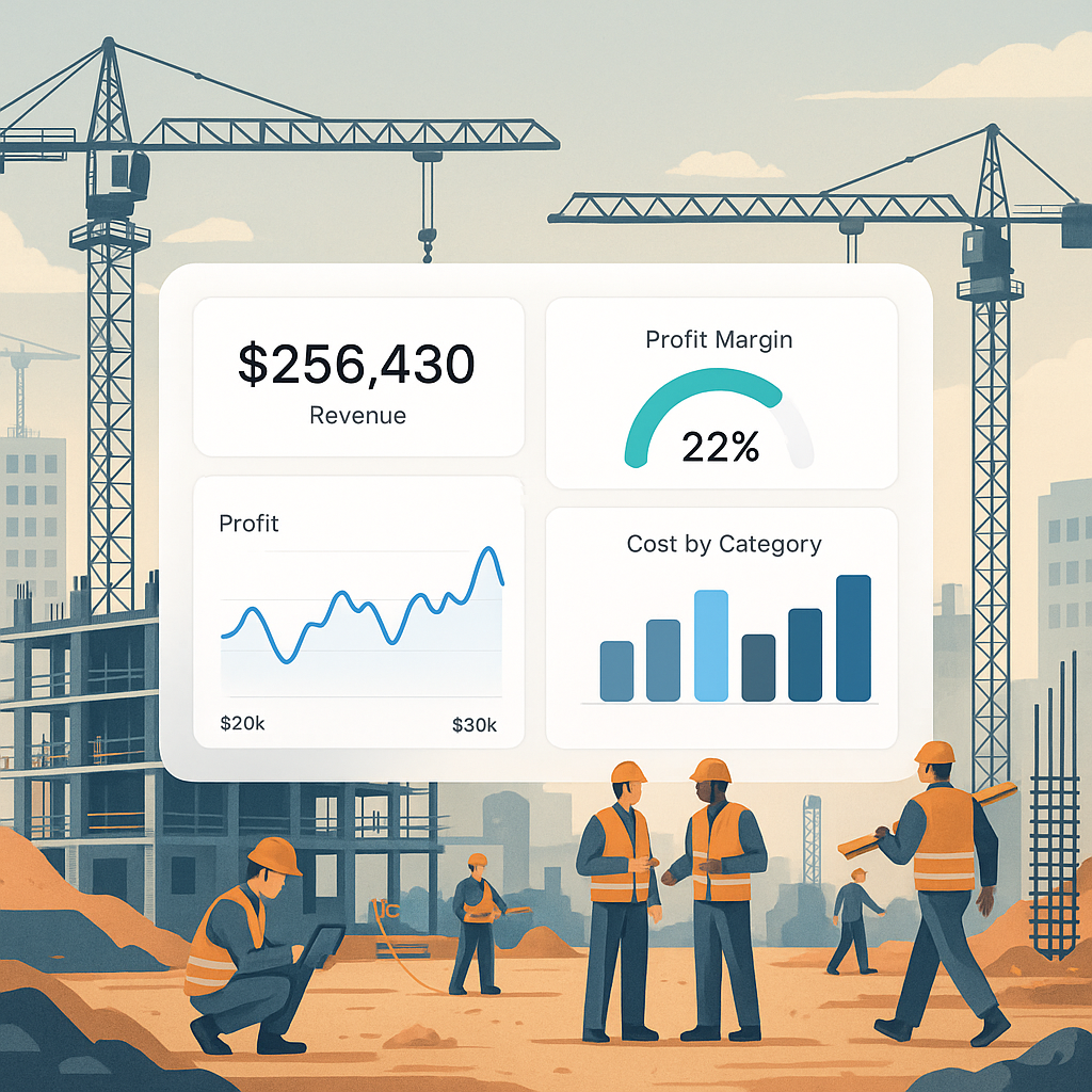 A detailed illustration of a construction site with cranes and workers, overlaid with a digital dashboard showing real-t...