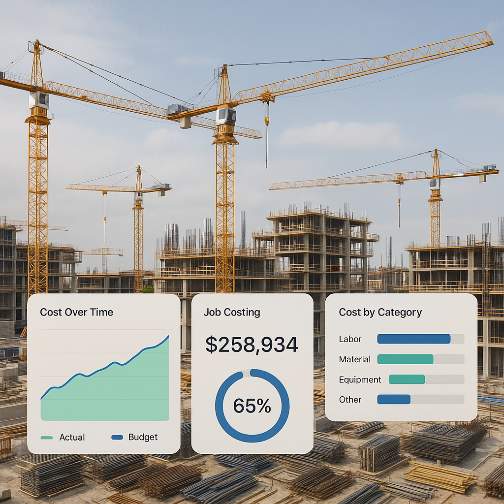 A construction site with multiple ongoing projects, overlaid with graphs and dashboards showing real-time cost tracking...