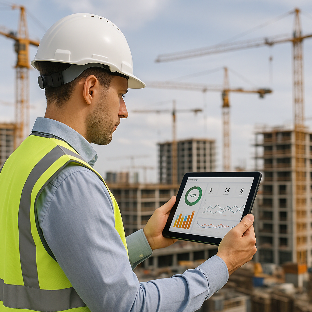 A construction project manager reviewing a real-time dashboard on a tablet, with multiple construction sites in the back...