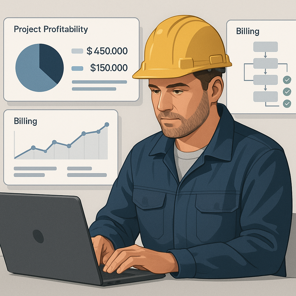 A realistic illustration of a construction contractor sitting at a laptop, with a digital dashboard displaying project p...