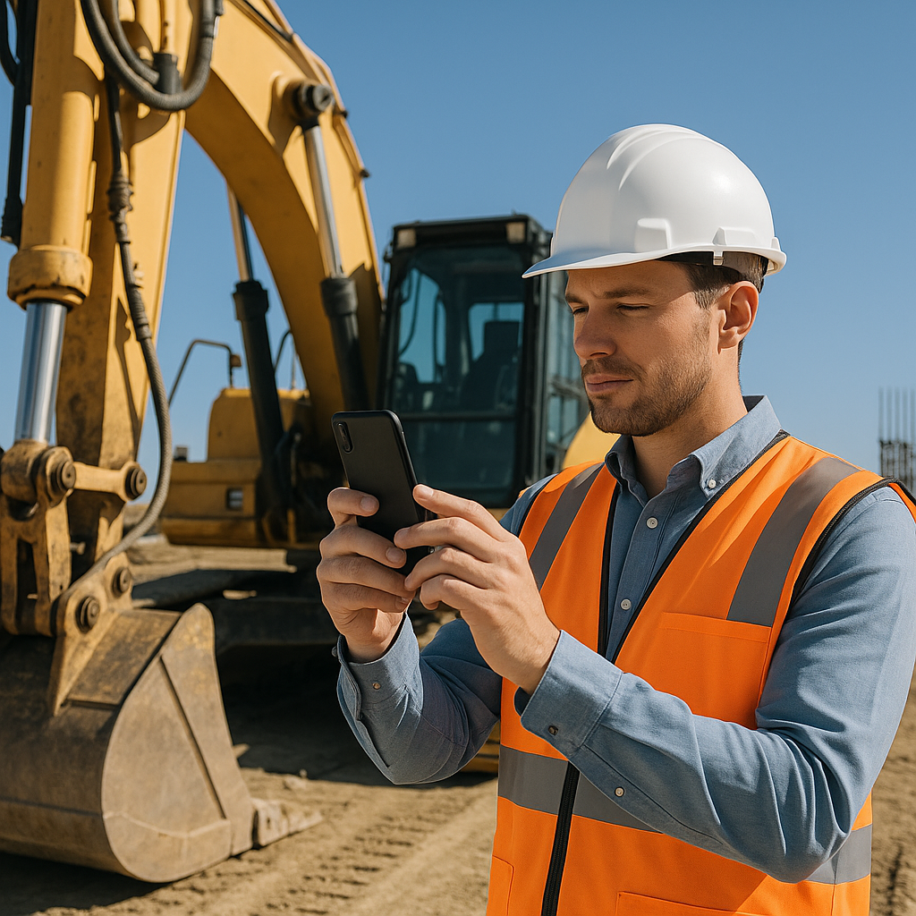 A construction site supervisor using a smartphone to capture site data while standing next to heavy machinery, with a cl...