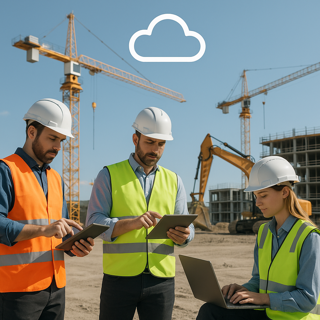 A modern construction site with workers using tablets and laptops, showing digital workflows in action. Include cranes a...
