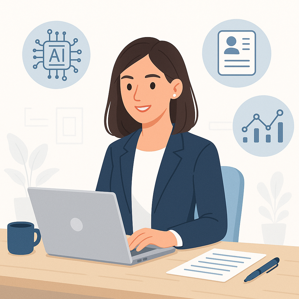 A modern recruiter at a desk with a laptop, surrounded by icons representing AI, resumes, and analytics. Bright and prof...