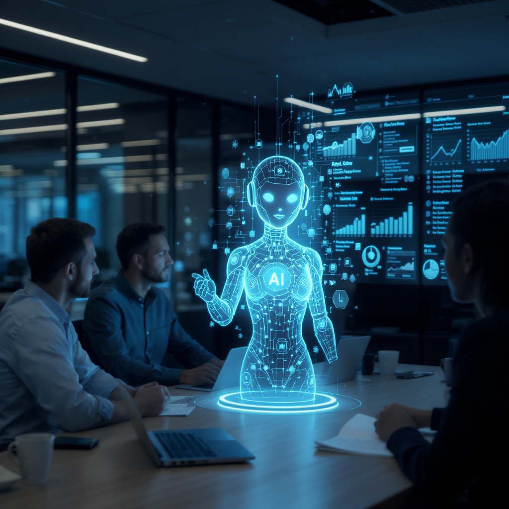 A futuristic office setting where an AI-powered holographic assistant is interacting with a sales team, with data charts...