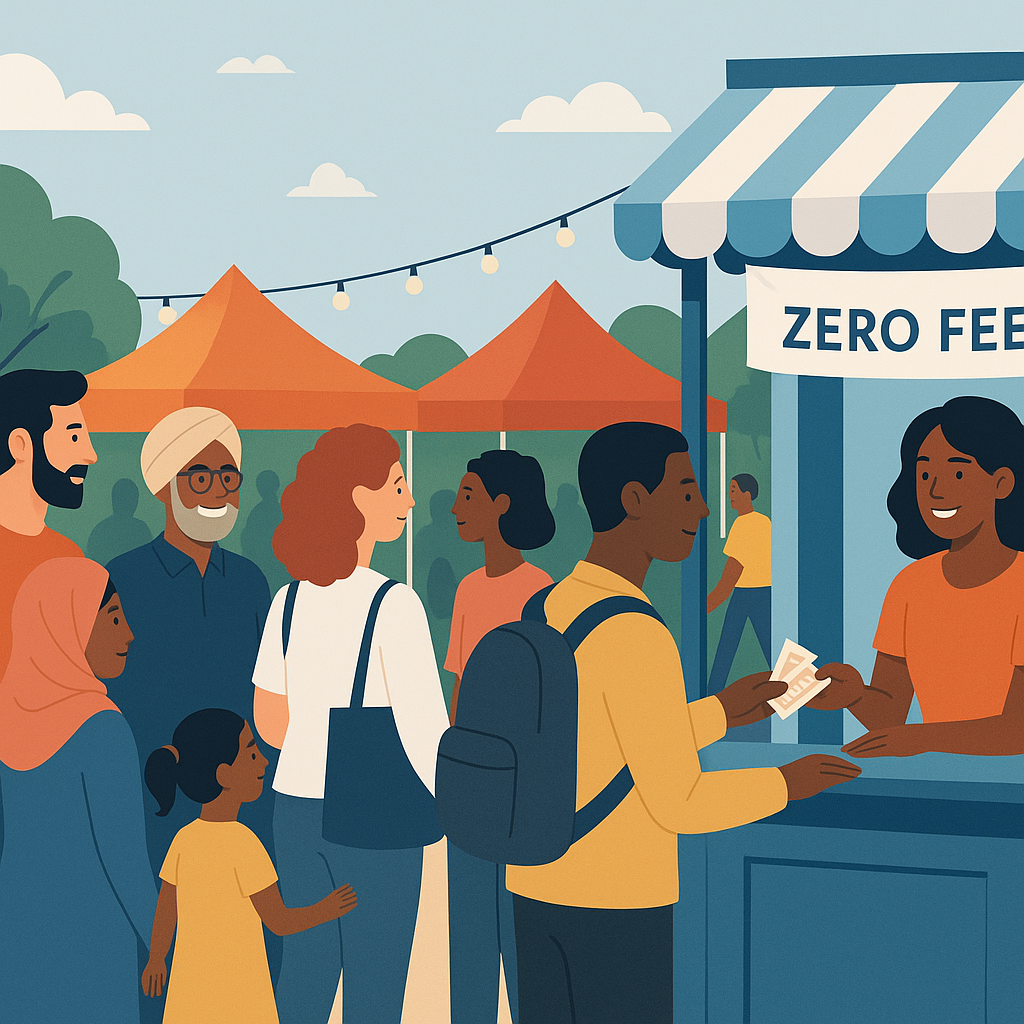 A community event scene: diverse group of people gathered outdoors at a cultural festival, with a ticket booth showing '...