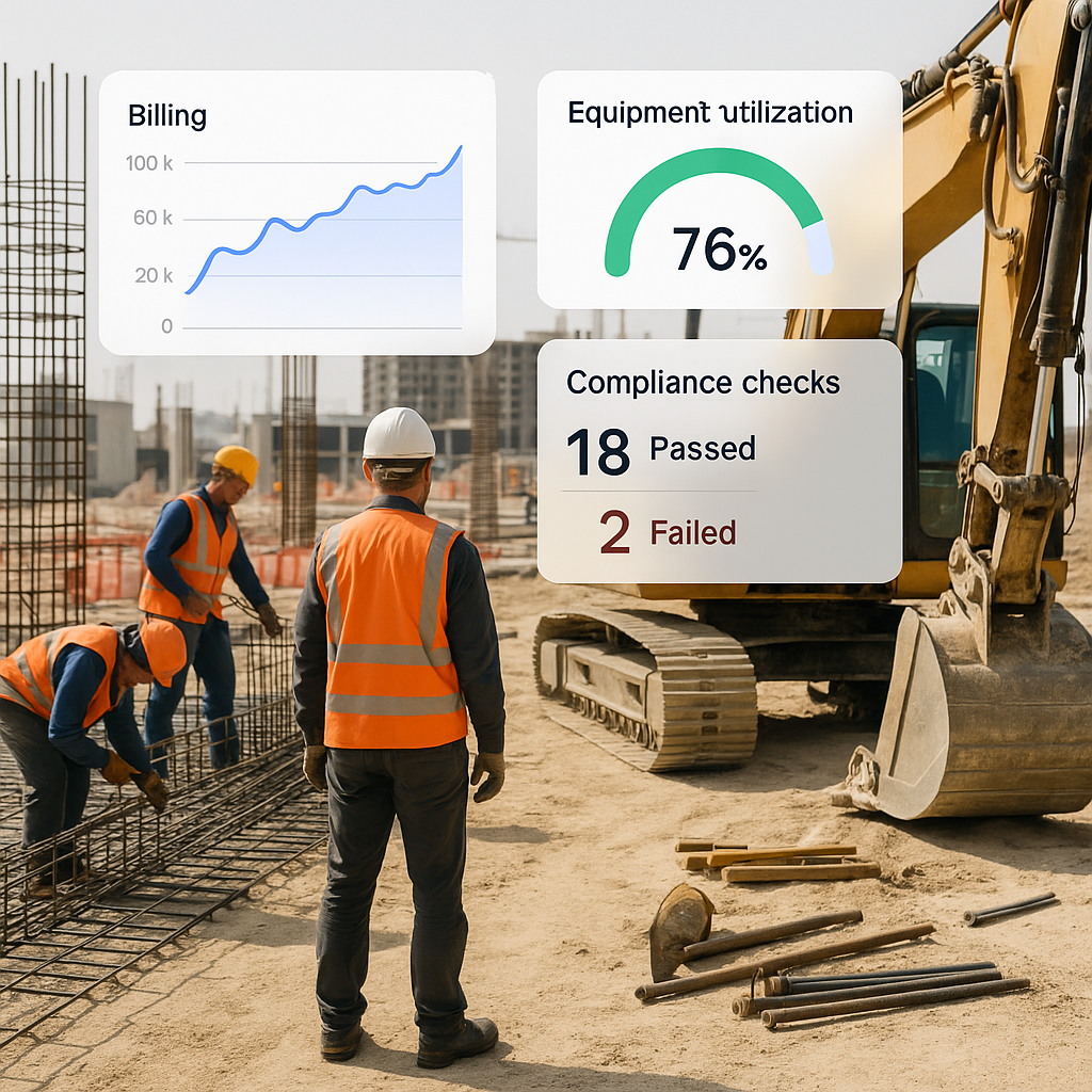 A construction project site with workers, equipment, and a digital dashboard overlay showing metrics like billing, equip...
