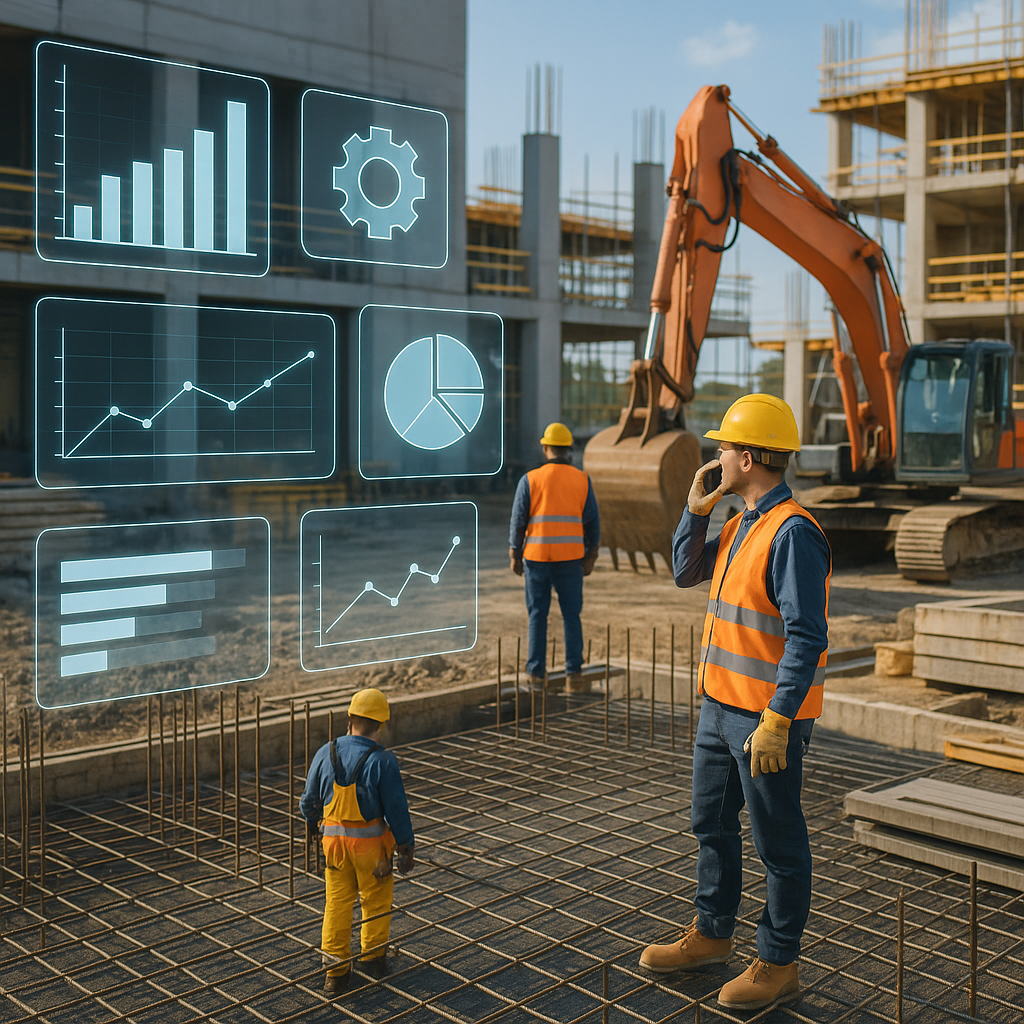 A construction project site with workers, equipment, and technology overlays like dashboards and data charts displayed h...