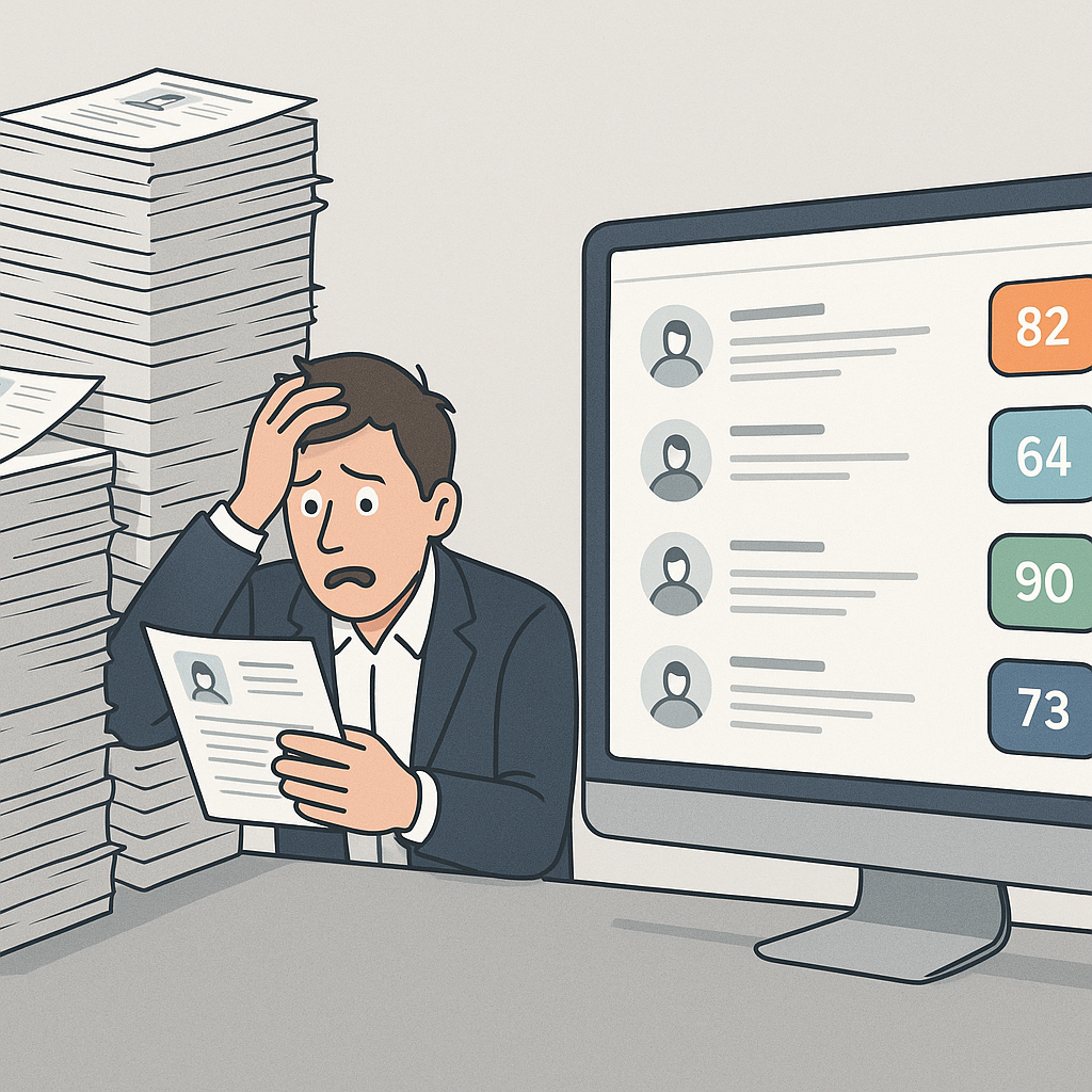 A busy recruiter overwhelmed with stacks of resumes on one side, contrasted with a sleek digital dashboard showing AI re...