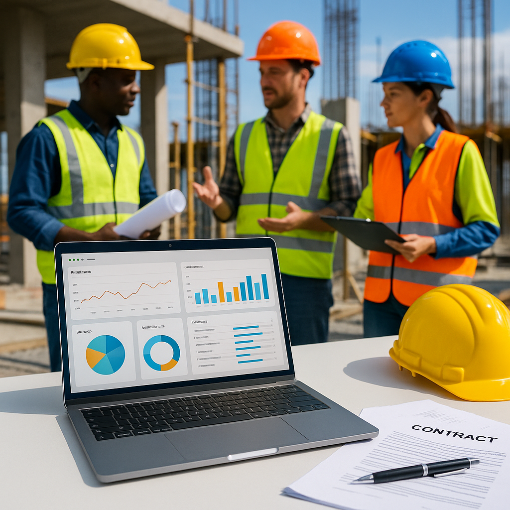 A construction project site with workers, laptops showing real-time dashboards, and contract documents. Vibrant and prof...