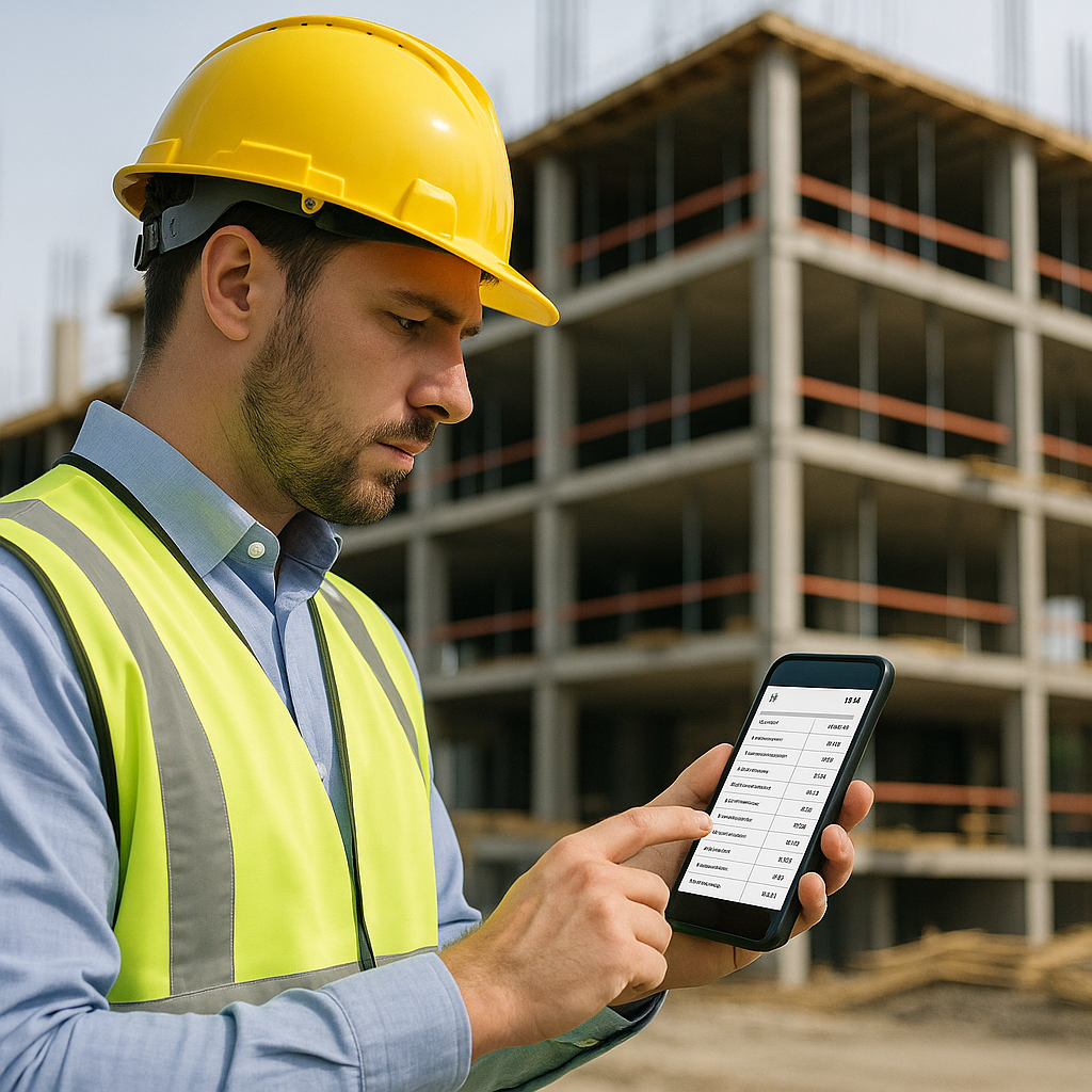 A construction supervisor on-site, using a mobile app to input survey data, with visible BOQ lines on the screen. Backgr...