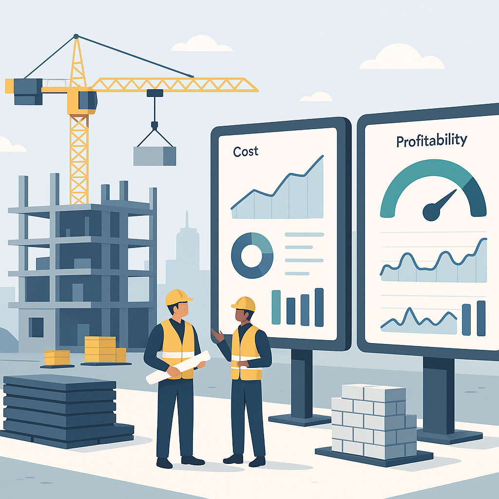 A detailed illustration of a modern construction site with AI-powered dashboards showing real-time cost tracking and pro...
