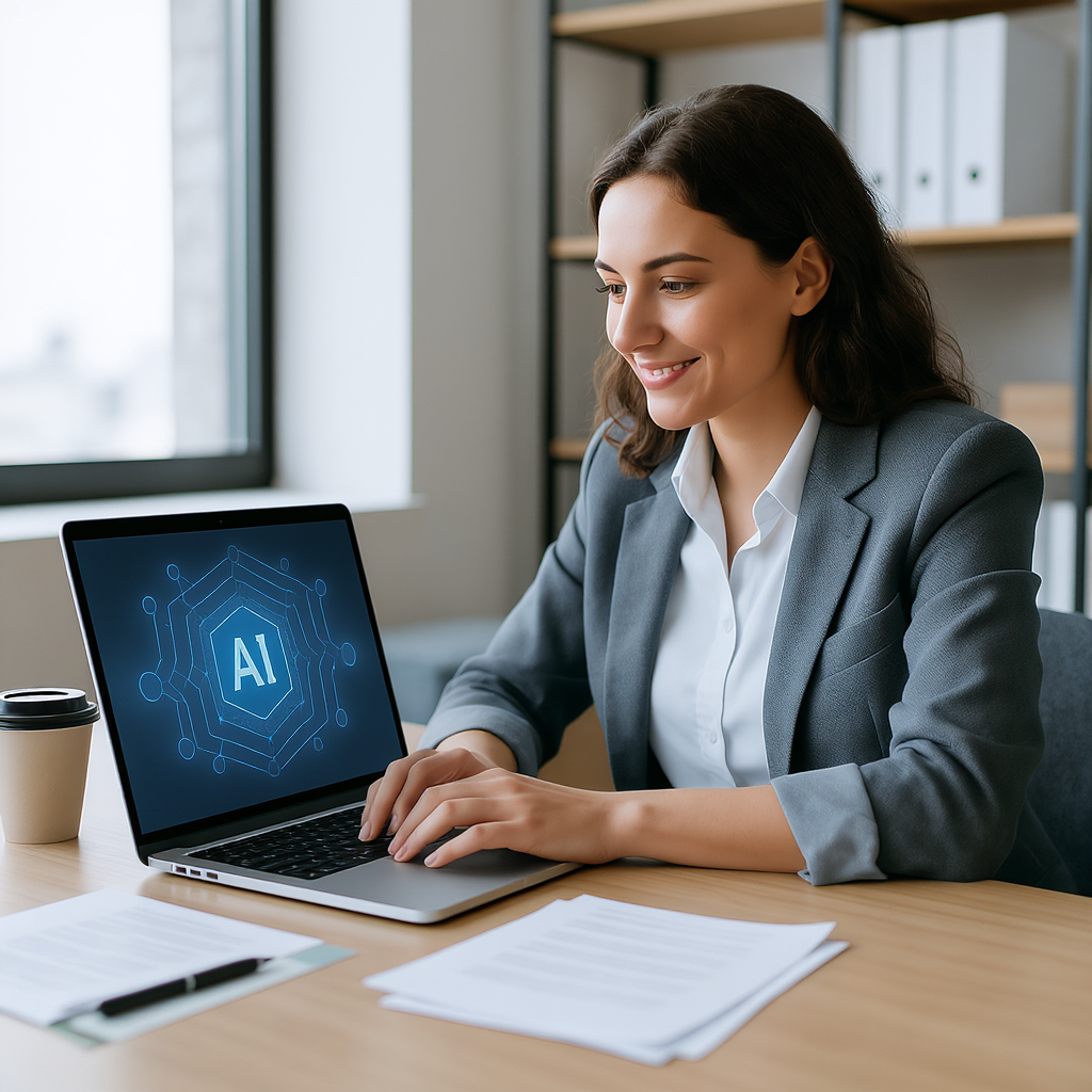 A small business owner at a desk using a laptop with AI-powered software, surrounded by papers and a coffee cup. Modern...