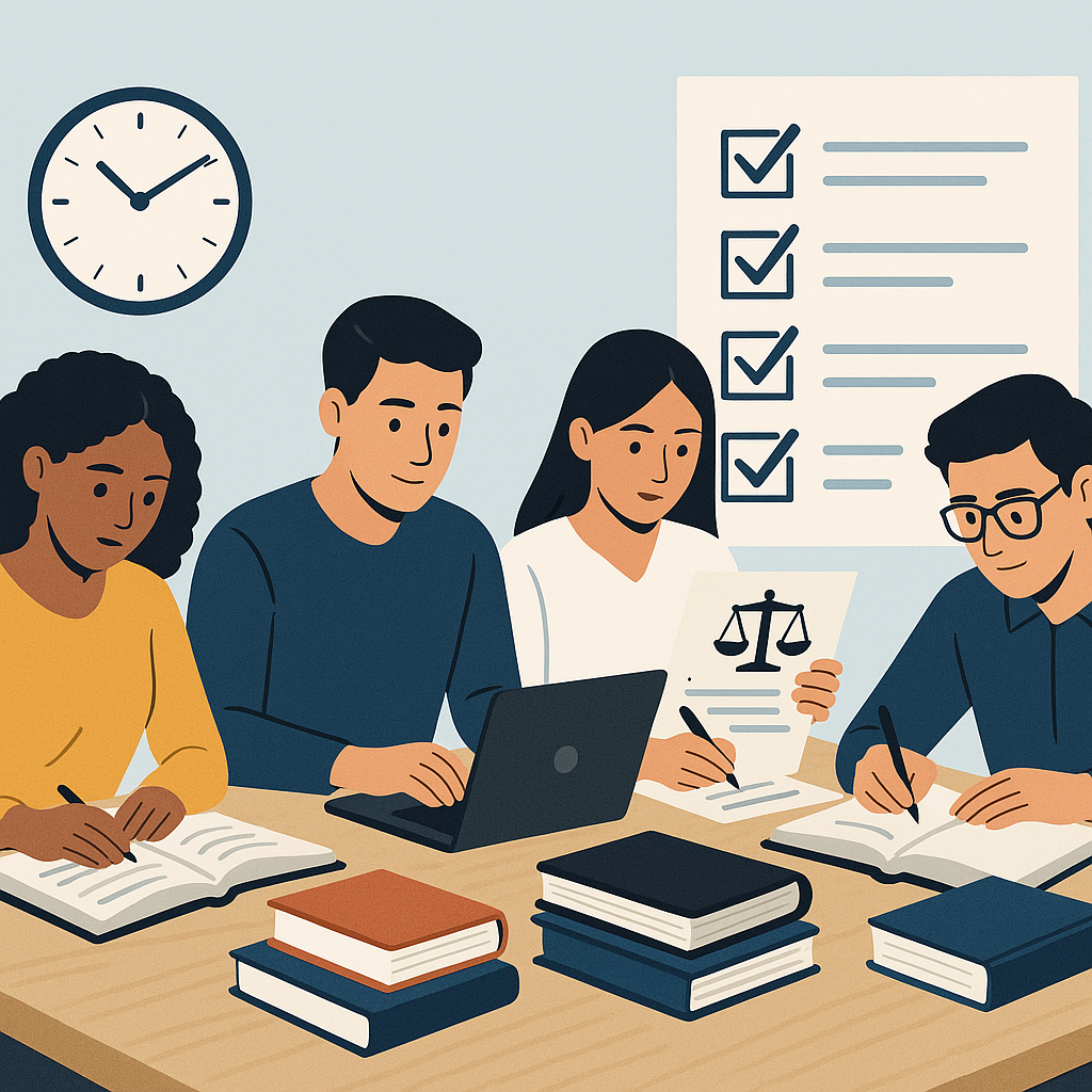 A modern, clean illustration of a diverse group of law students studying for an exam at a desk with books, laptops, and...