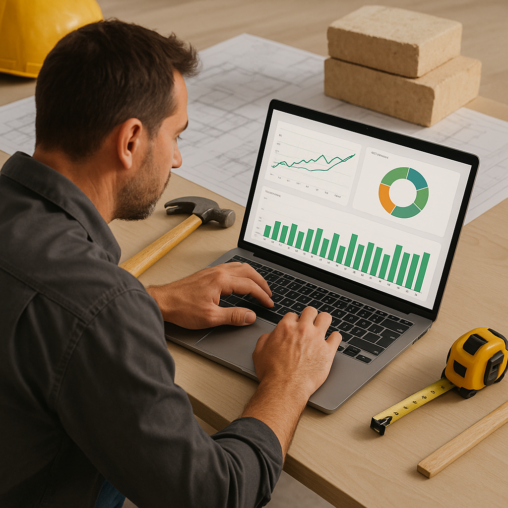 A realistic illustration of a contractor reviewing real-time project profitability dashboards on a laptop, with construc...