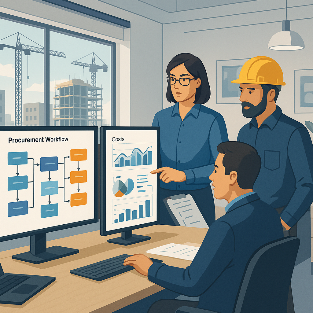 A detailed illustration of a construction office with project managers reviewing real-time dashboards on large monitors,...