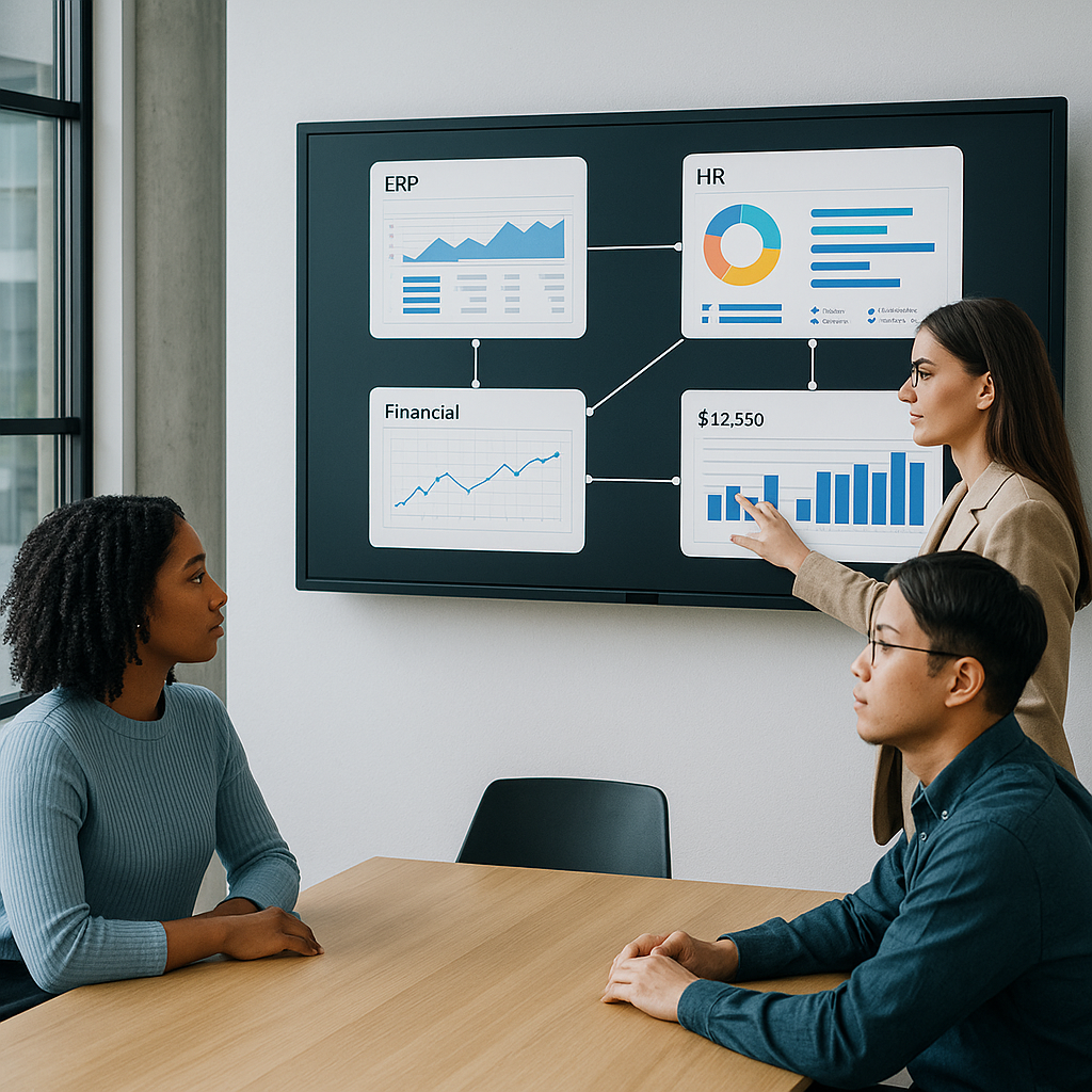 A modern office setting with a diverse team collaborating on a large touchscreen displaying interconnected SaaS platform...