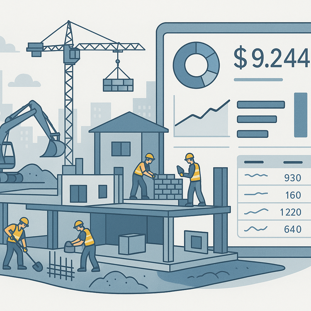 A detailed infographic-style illustration showing a construction project divided into BOQ items, with real-time cost tra...