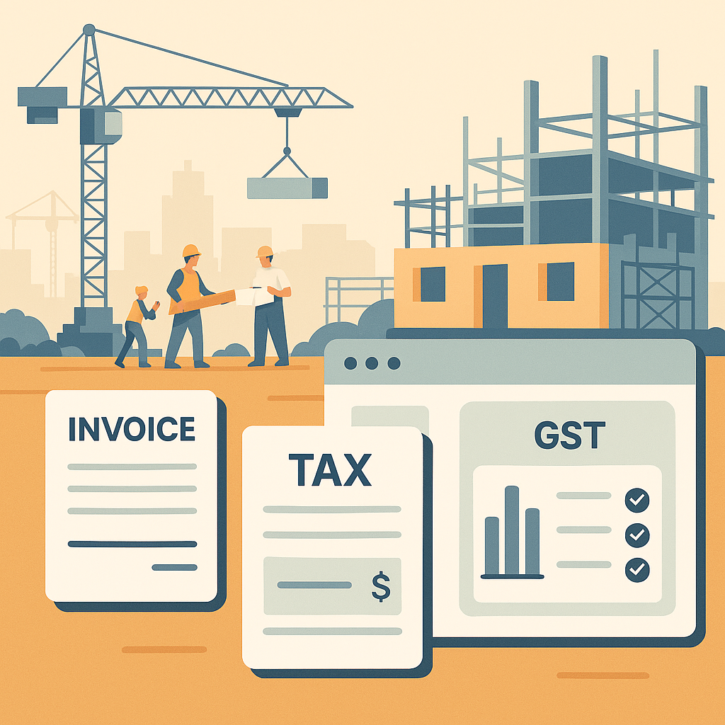 Illustration of a construction site with invoices, tax forms, and a digital dashboard showing GST compliance workflows.
