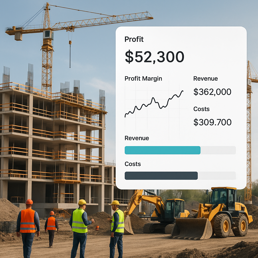 A modern construction site with workers and machinery, overlaid with a digital dashboard showing project profitability m...
