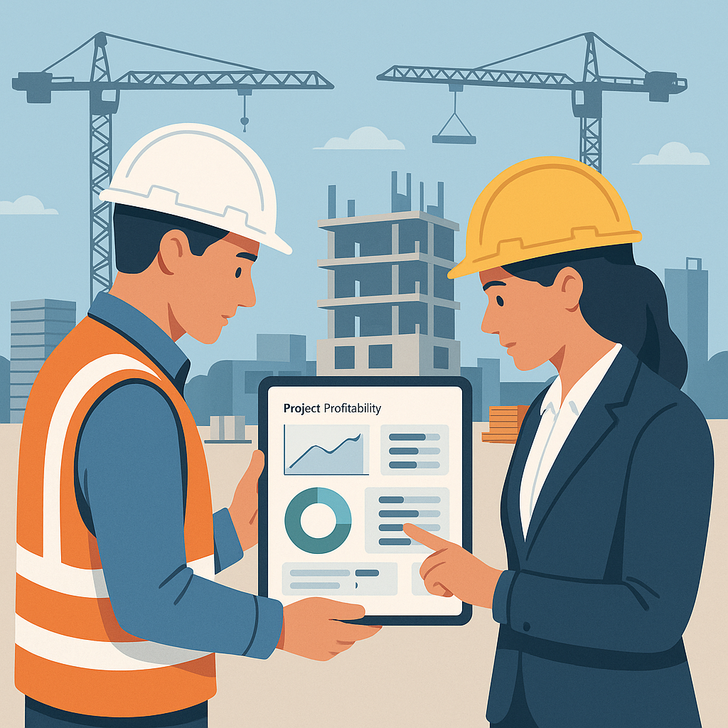 An illustration of construction site managers reviewing a real-time project profitability dashboard on a tablet, with cr...