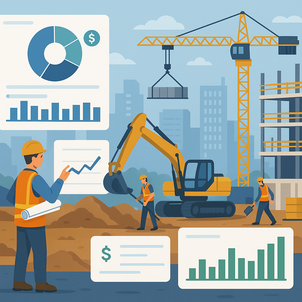 A detailed illustration of a construction site with workers, equipment, and digital dashboards overlaying live project c...