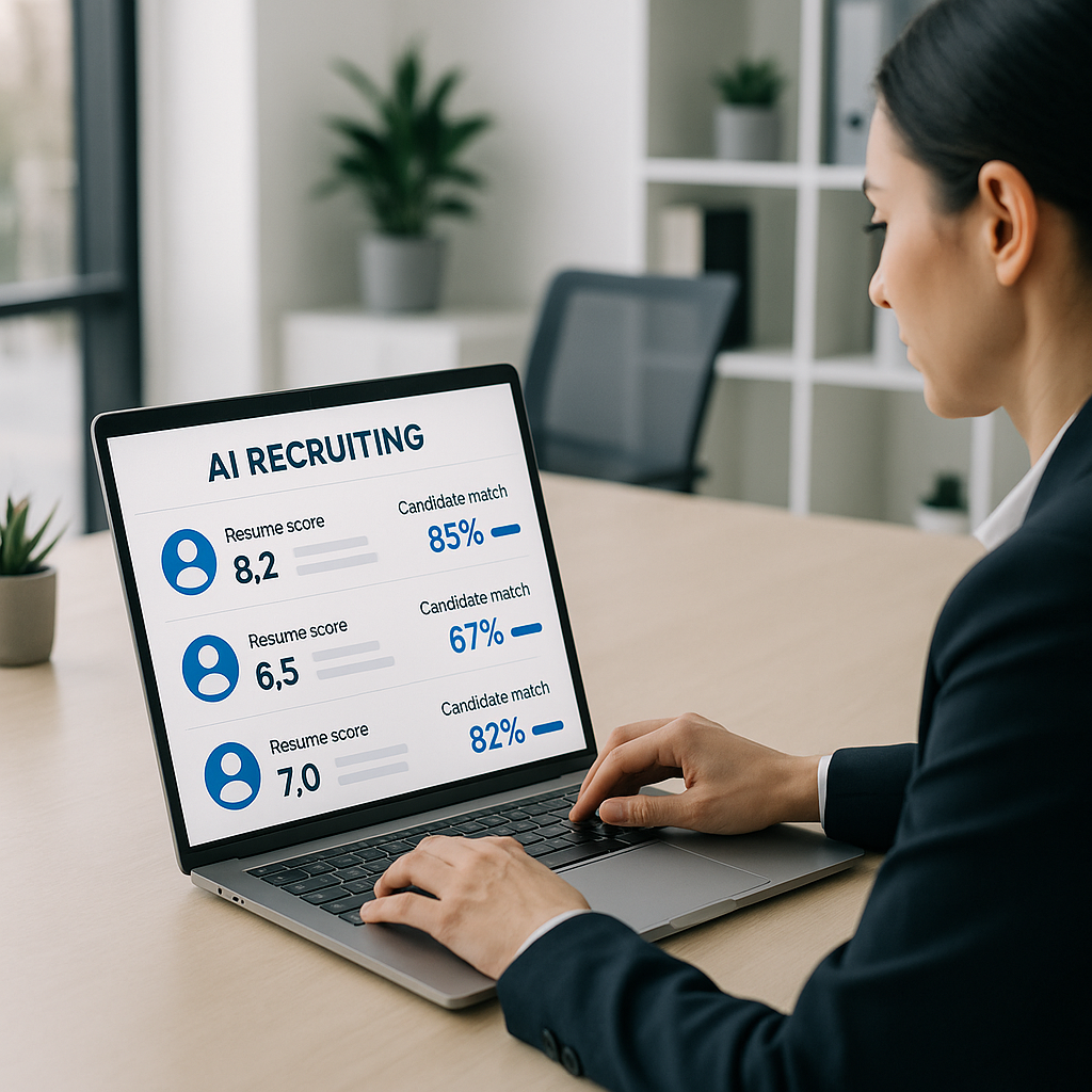 A sleek, modern office setting with a recruiter using an AI-powered dashboard on a laptop, showing resume scores and can...