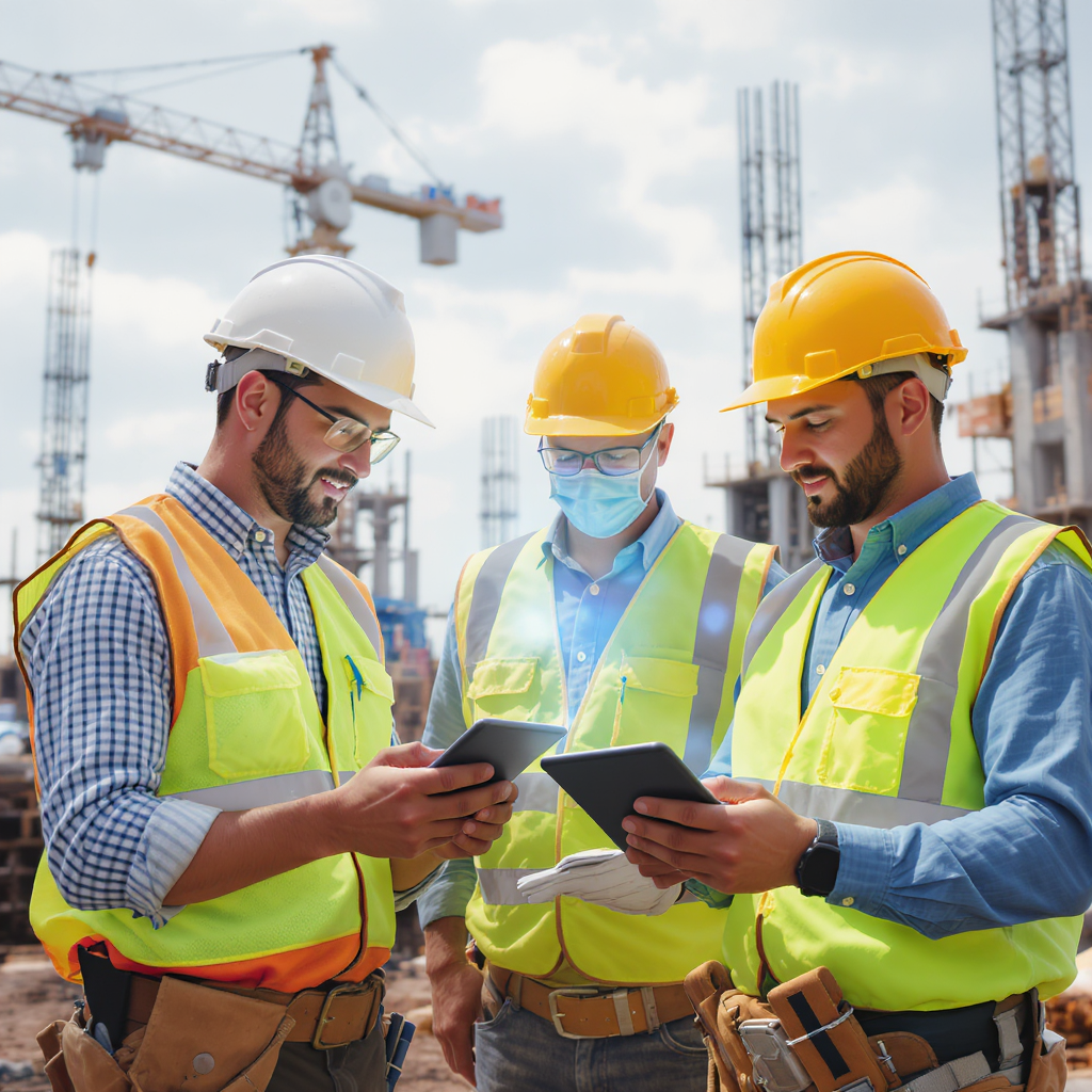 A realistic digital illustration of a construction site with workers using tablets and a crane in the background. Emphas...