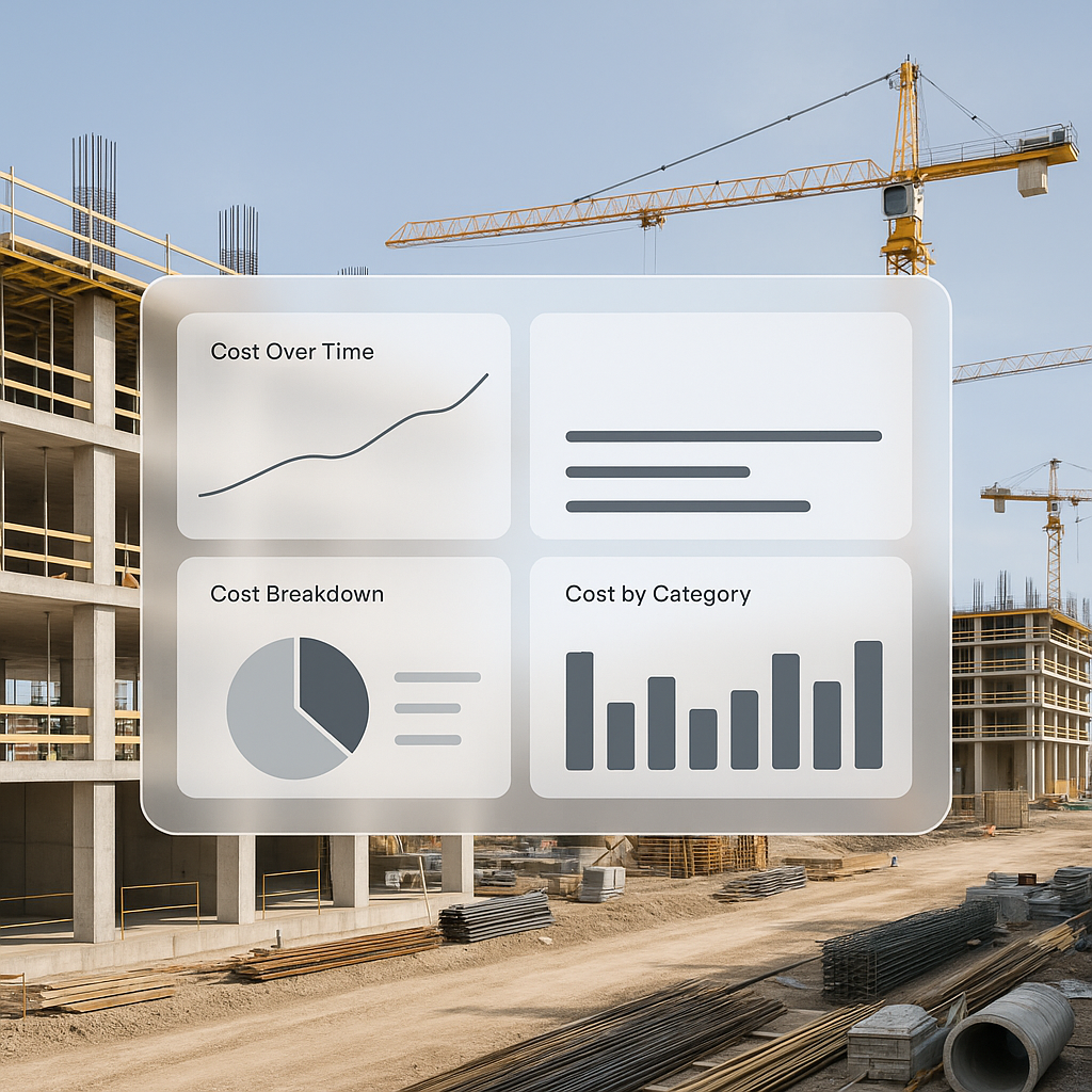 A construction site with a modern digital dashboard overlay showing real-time project cost tracking data, including grap...