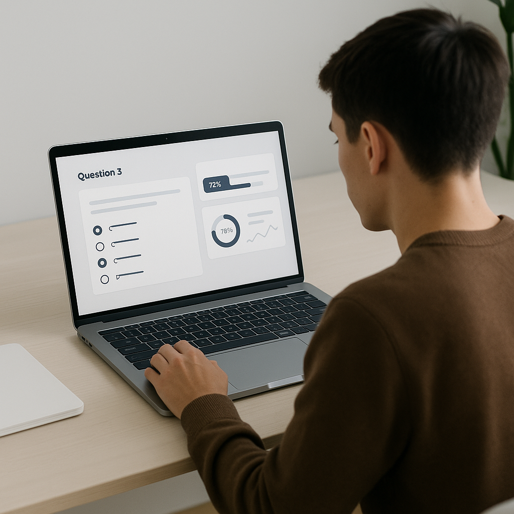 A focused student solving multiple-choice questions on a laptop, with a progress tracker and analytics dashboard visible...