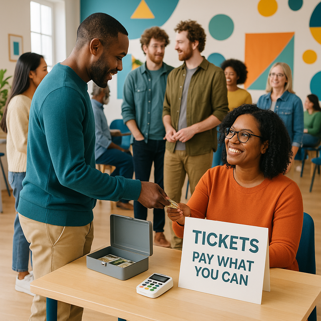 A community center event with diverse attendees, featuring a sign that reads 'Tickets: Pay What You Can' on a table with...
