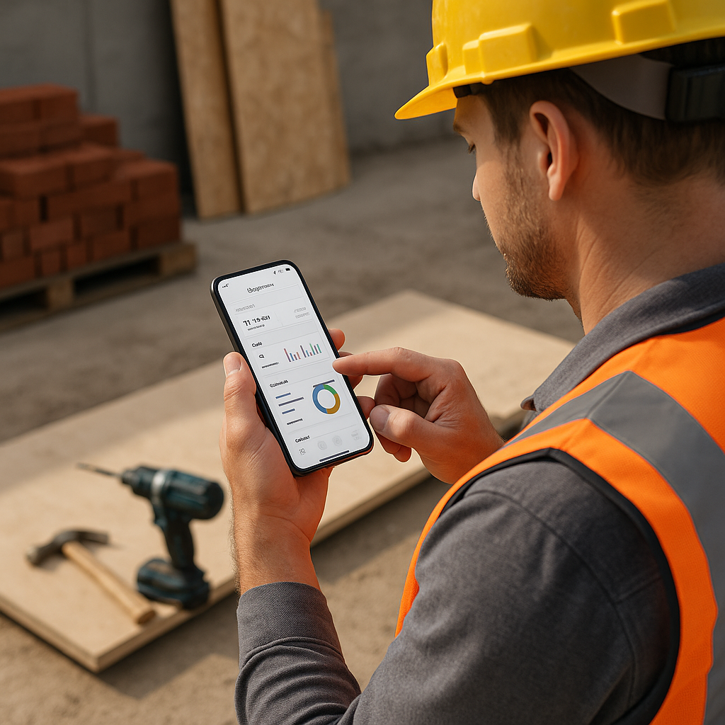 A construction contractor on-site using a smartphone app, with clear, organized data displayed on the screen. Background...