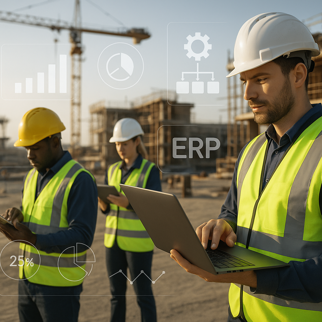 A construction site with workers using tablets and laptops, overlaid with futuristic interface elements (charts, graphs,...