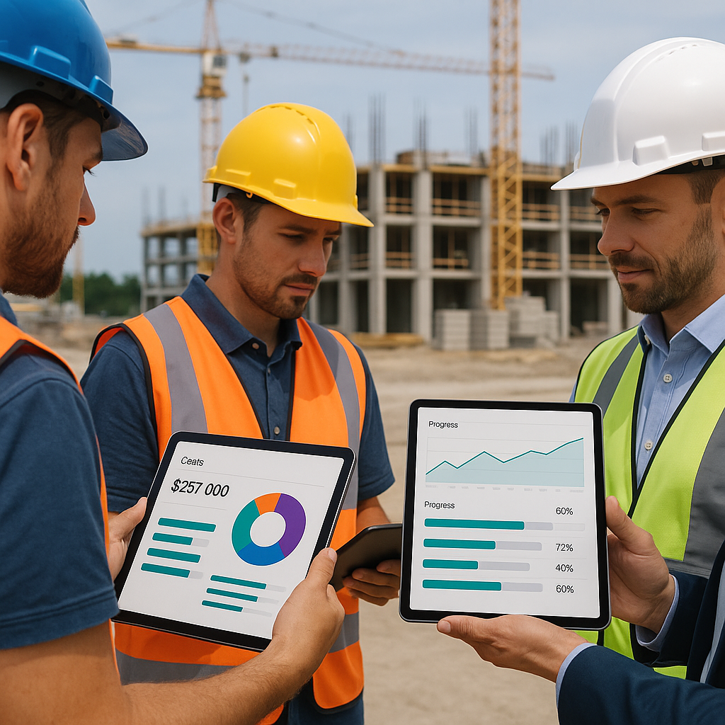 A construction site with workers and managers using tablets, showing real-time dashboards for costs and progress trackin...