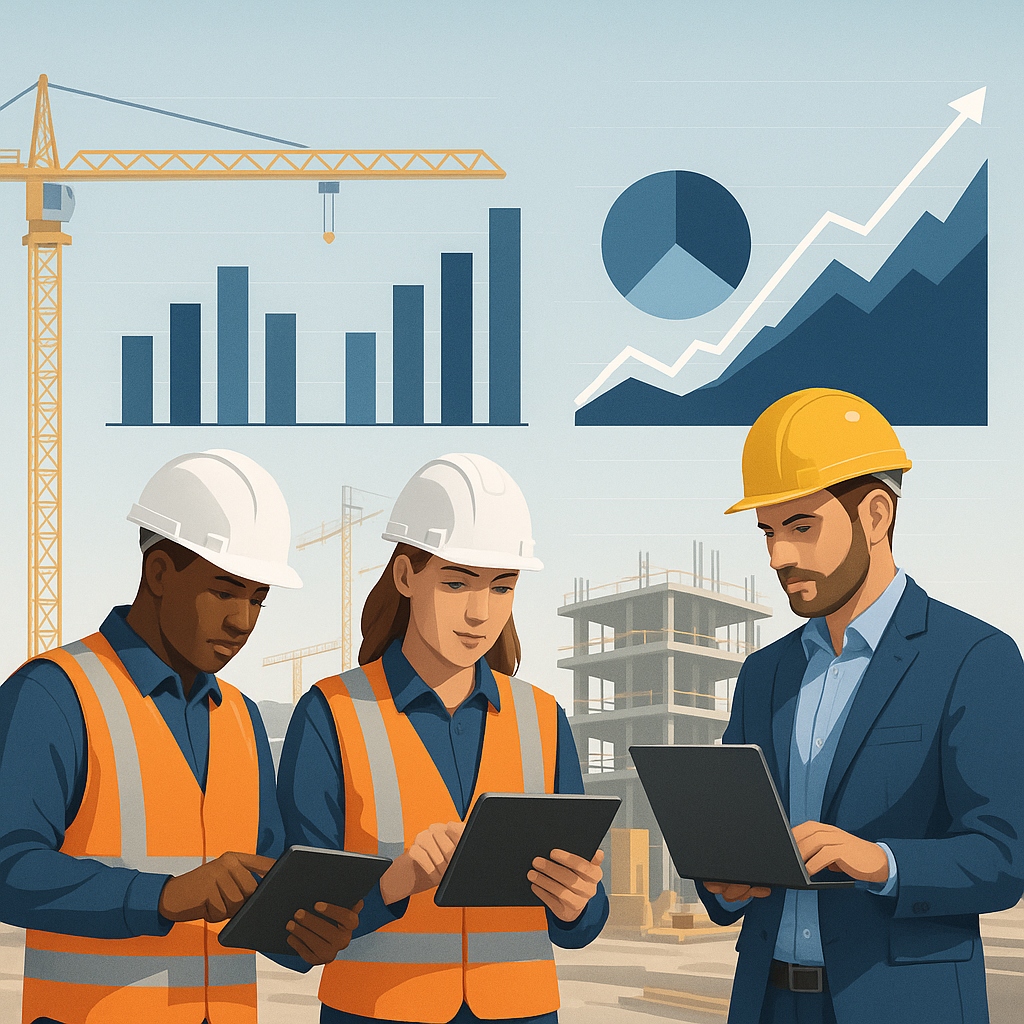 A construction site with workers in safety gear using tablets and laptops, surrounded by charts and graphs showing proje...