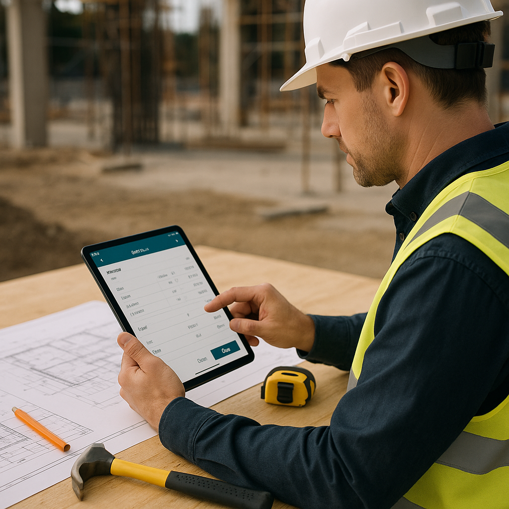 A construction site with a contractor using a mobile app on a tablet, surrounded by blueprints and tools. The app interf...