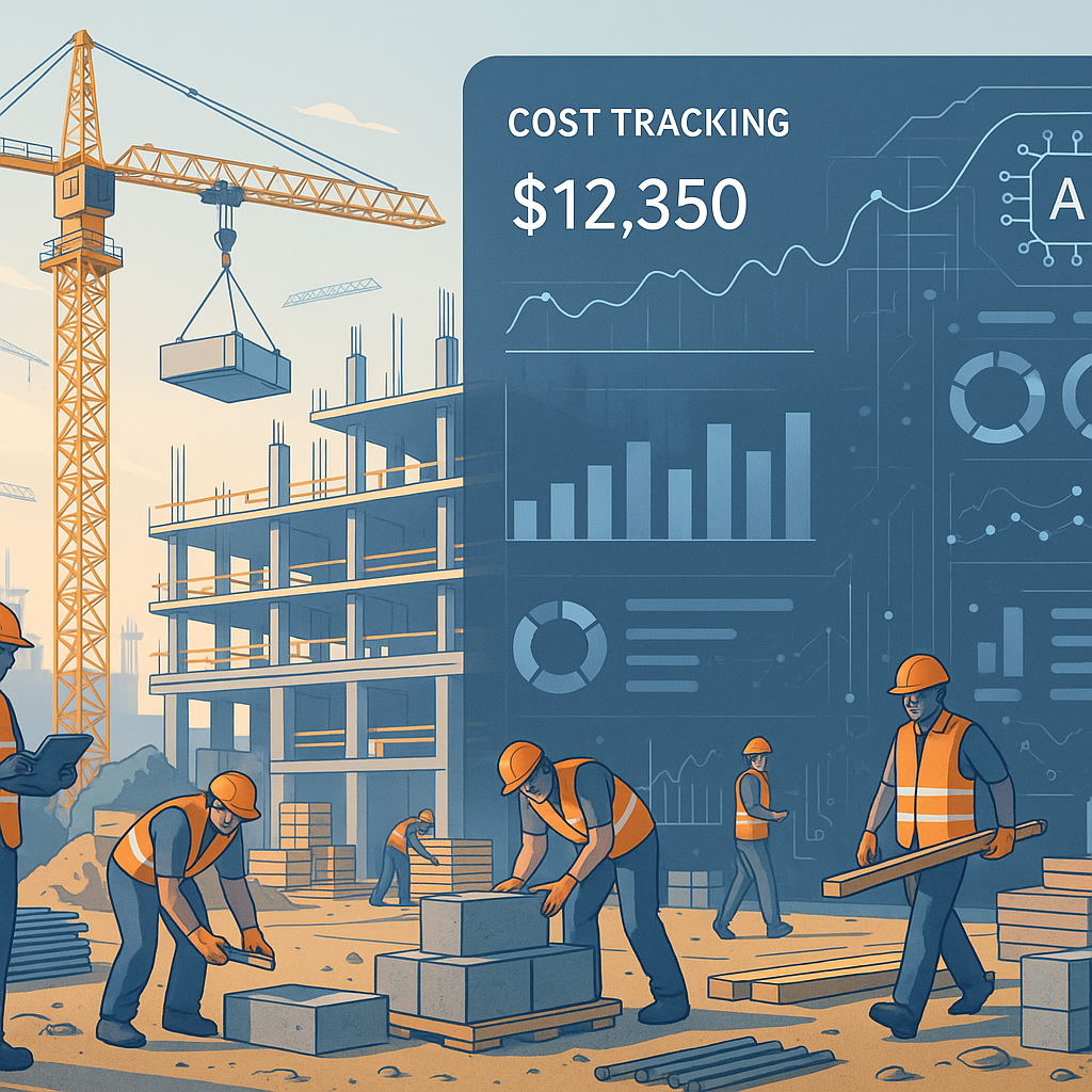 A detailed illustration of a construction site with workers and materials, overlaid with a futuristic digital dashboard...
