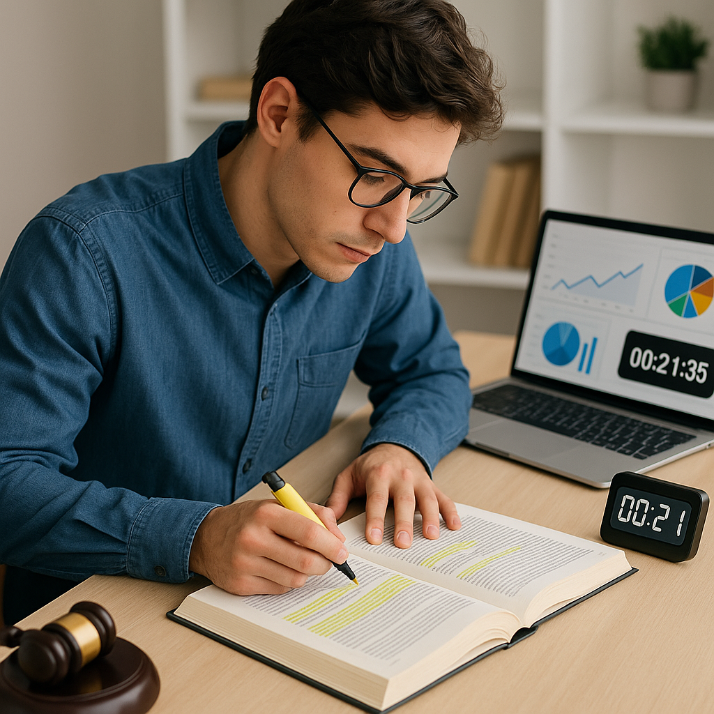 A focused image of a law student at a desk with highlighted study materials, a laptop showing analytics charts, and a ti...