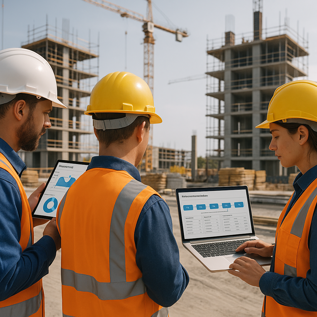 A construction site with workers using tablets and laptops to manage operations, featuring dashboards showing cost track...