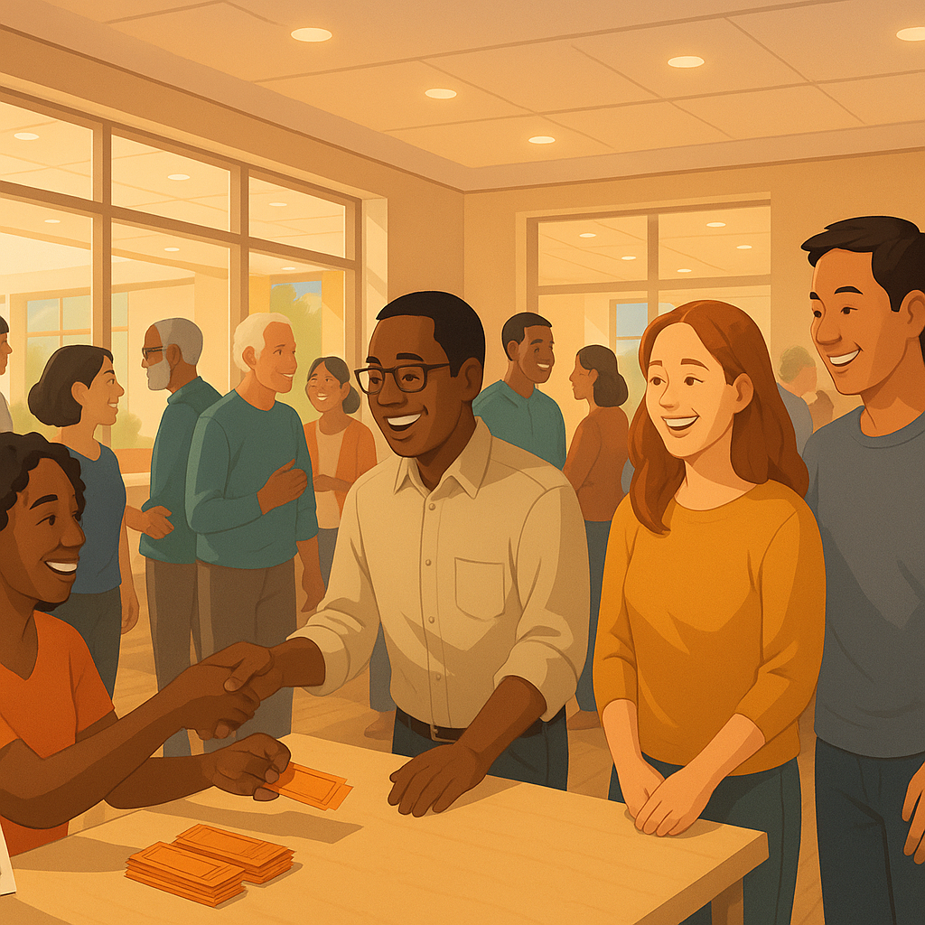 A community center hosting a vibrant event with people of diverse backgrounds, tickets on a table, and a sign saying "Ze...