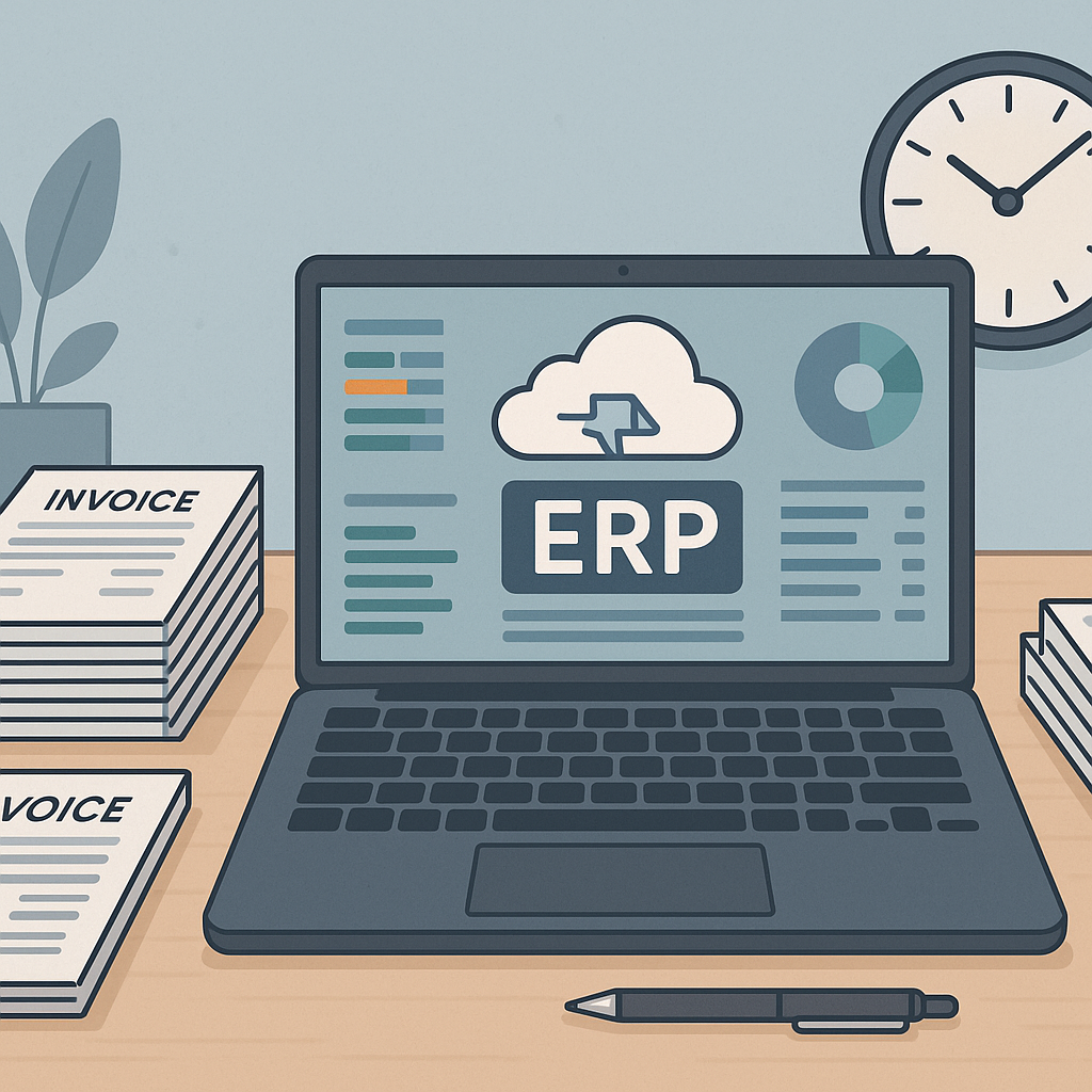 A detailed illustration of a contractor's desk with a laptop showing a cloud ERP dashboard, stacks of invoices, and a cl...