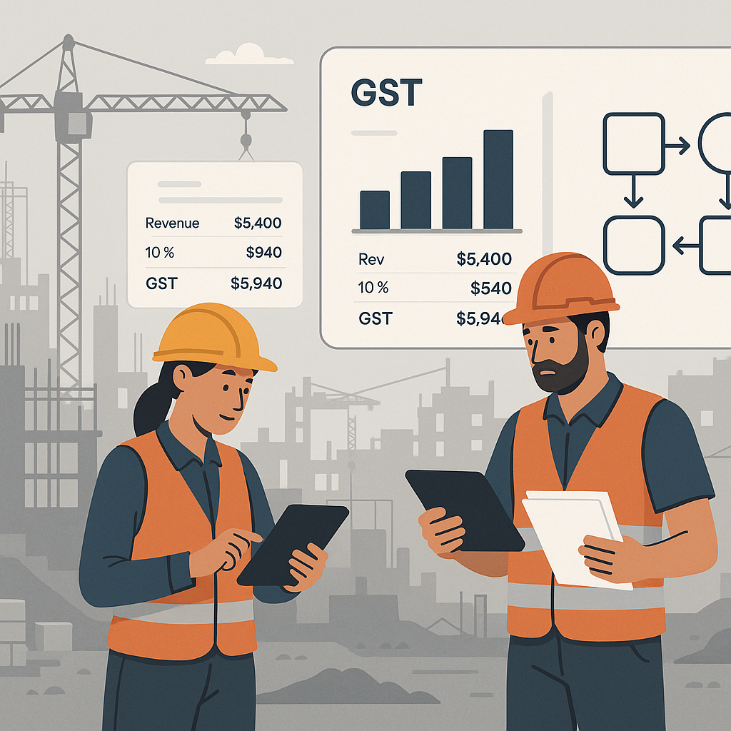 A construction site with workers managing documents on tablets, a dashboard showing GST calculations, and a seamless wor...