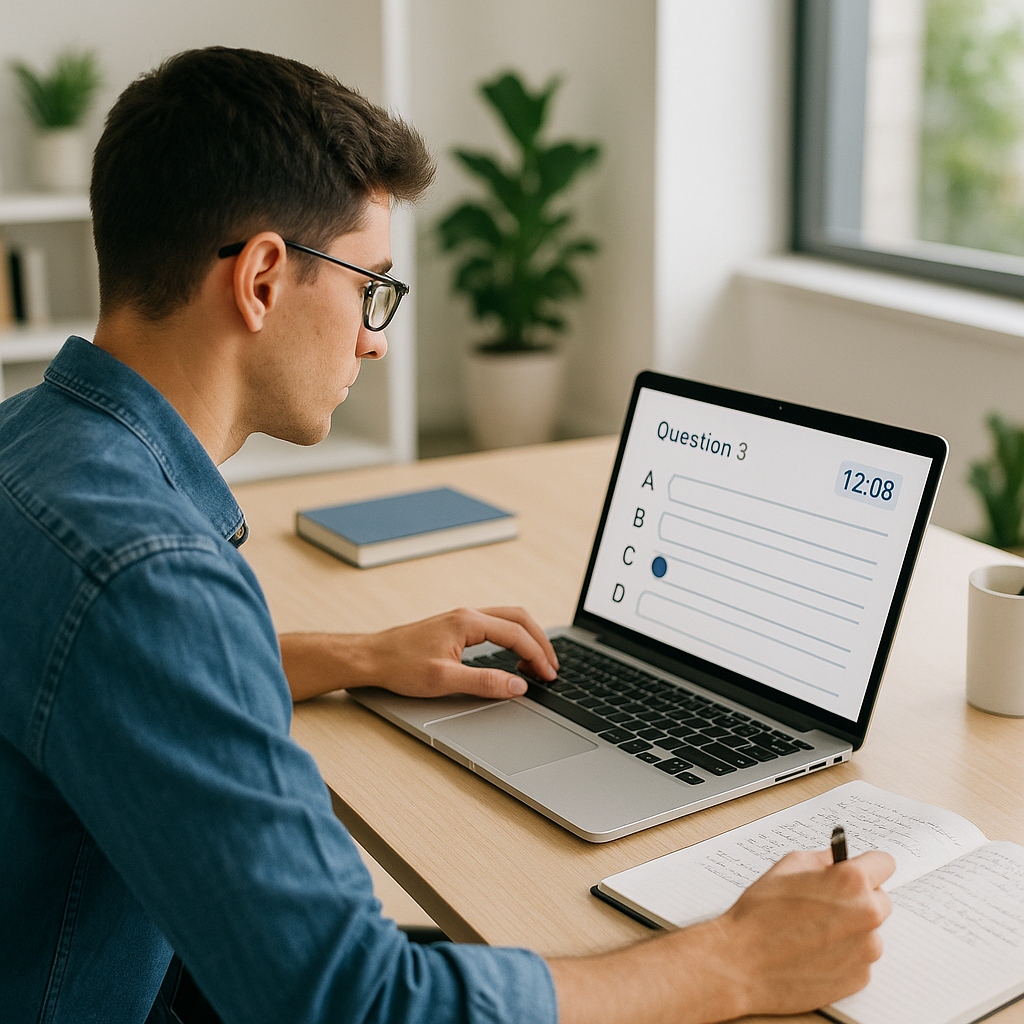 A focused student at a desk with a laptop open showing multiple-choice questions, a timer, and a notebook with handwritt...