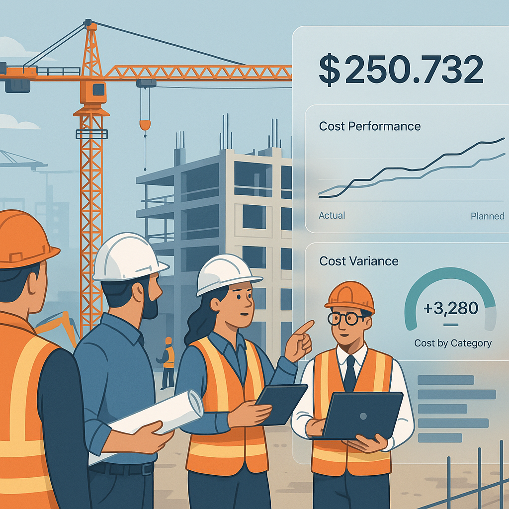 A detailed illustration of a construction site with workers and engineers, overlaid with a transparent dashboard showing...