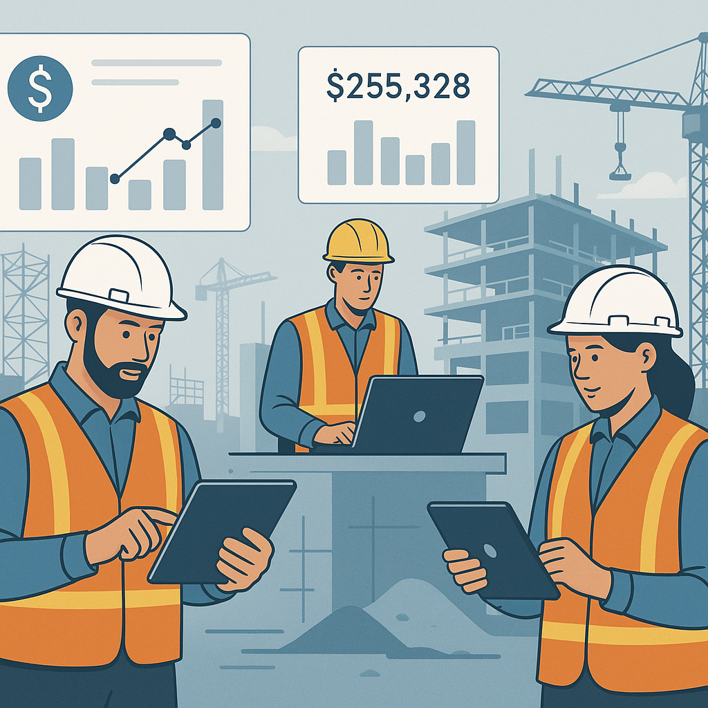 A construction site with workers using tablets and laptops, connected to digital dashboards showing project profitabilit...